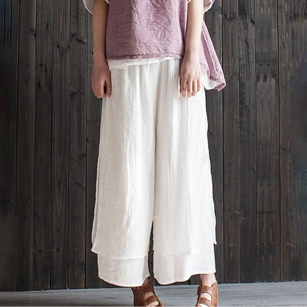 Cropped Wide-Leg White Linen-Blend Pants - Picture 9 of 9